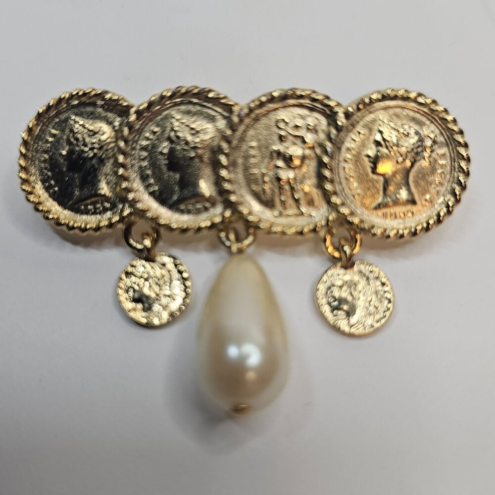 Gold Tone coins Faux Pearl Brooch Unmarked Pin